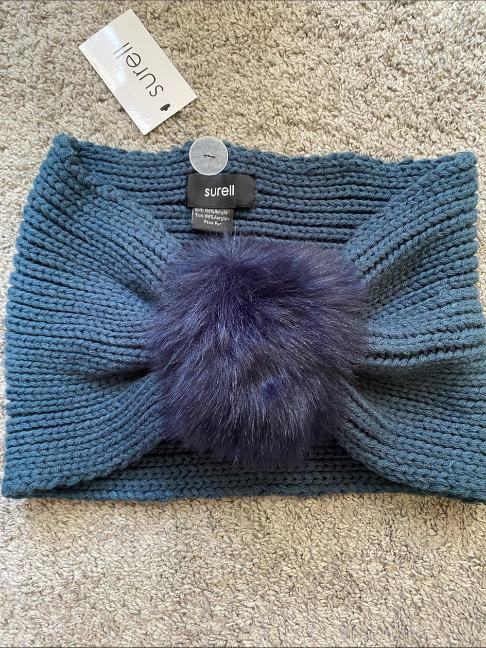 Surell Dark Blue Knit Loop Scarf with Faux Fur Pom